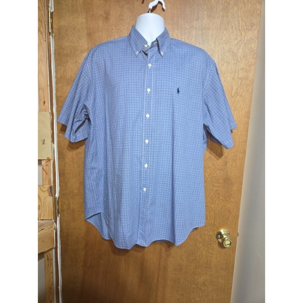 Polo Ralph Lauren Shirt Mens L Blue Check Blake Button Down Short Sleeve Cotton
